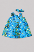 Blue & Golden Shade Flowers Print With Hair Band Frock For Girls