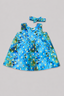 Blue & Golden Shade Flowers Print With Hair Band Frock For Girls