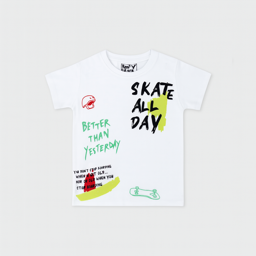 WHITE SKATE ALL DAY PRINT HALF SLEEVES T-SHIRT FOR BOYS
