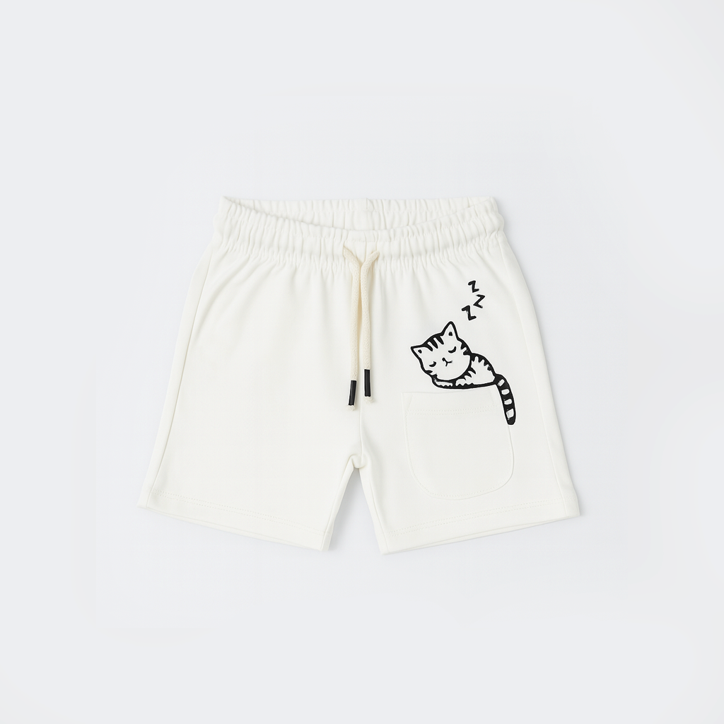 WHITE CAT PRINT SHORTS FOR UNISEX