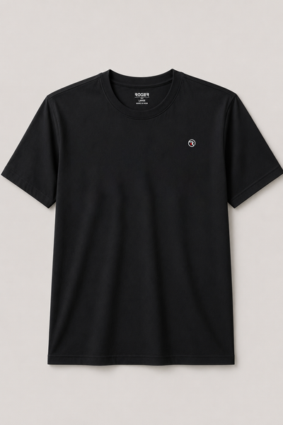 Black Plain "R" Logo Print T-Shirt For Men