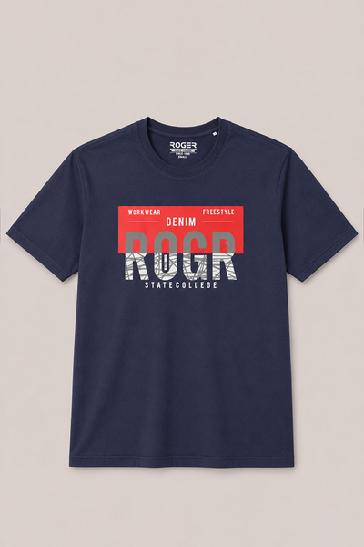 Navy Blue Denim Roger Print T-Shirt For Men