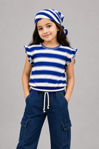 White With Blue Stripe Bib T-shirt Top For Girls