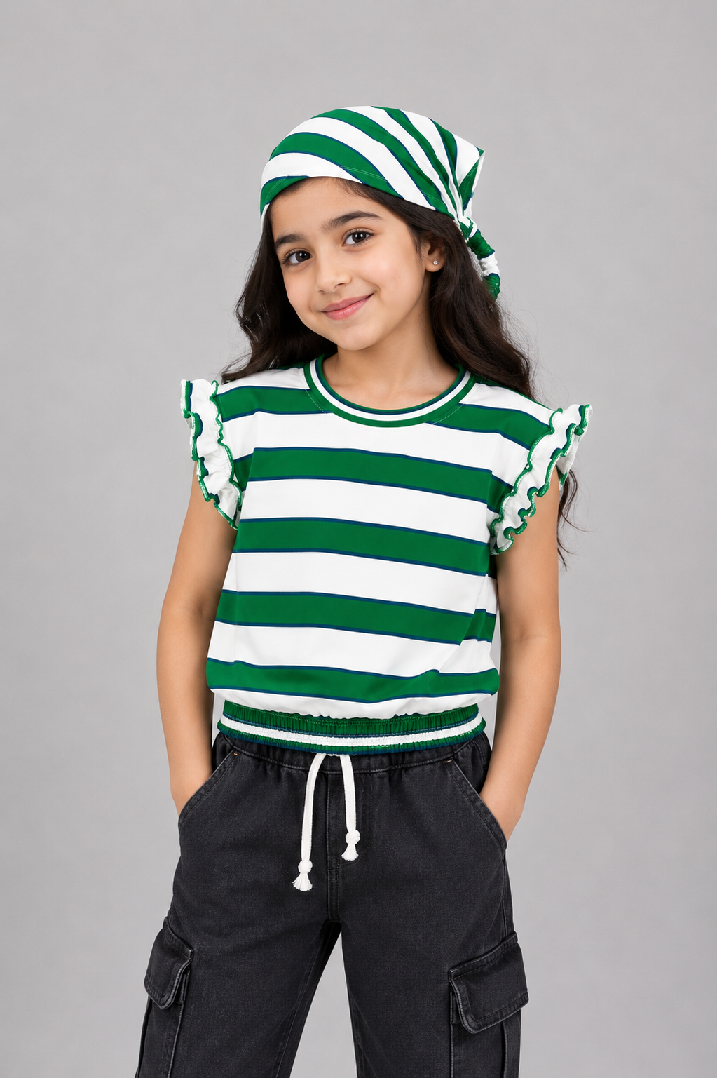 White With Green Stripe Bib T-shirt Top For Girls