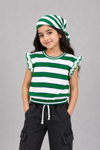 White With Green Stripe Bib T-shirt Top For Girls