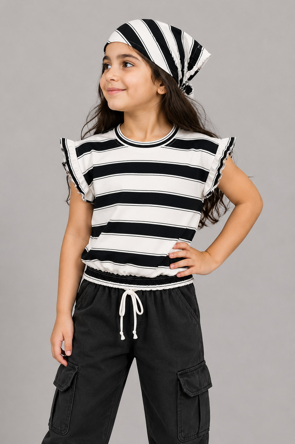 White With Black Stripe Bib T-shirt Top For Girls