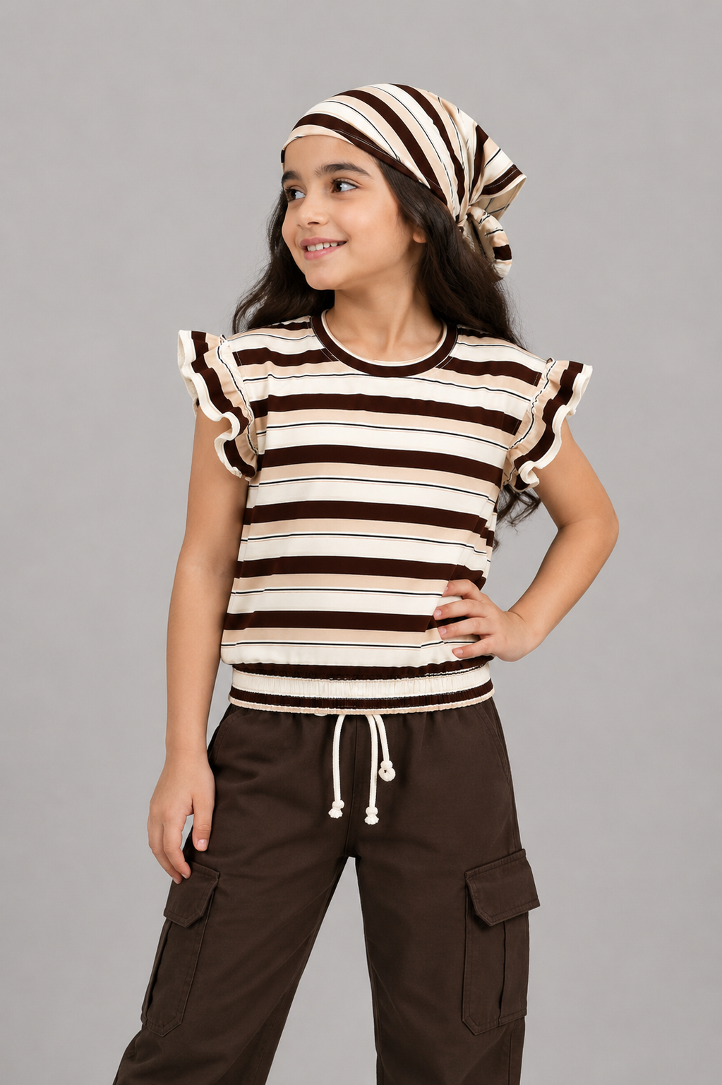 White With Brown Stripe Bib T-shirt Top For Girls