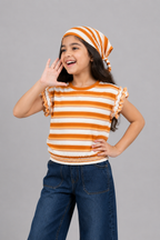 White With Orange Stripe Bandana T-shirt Top For Girls
