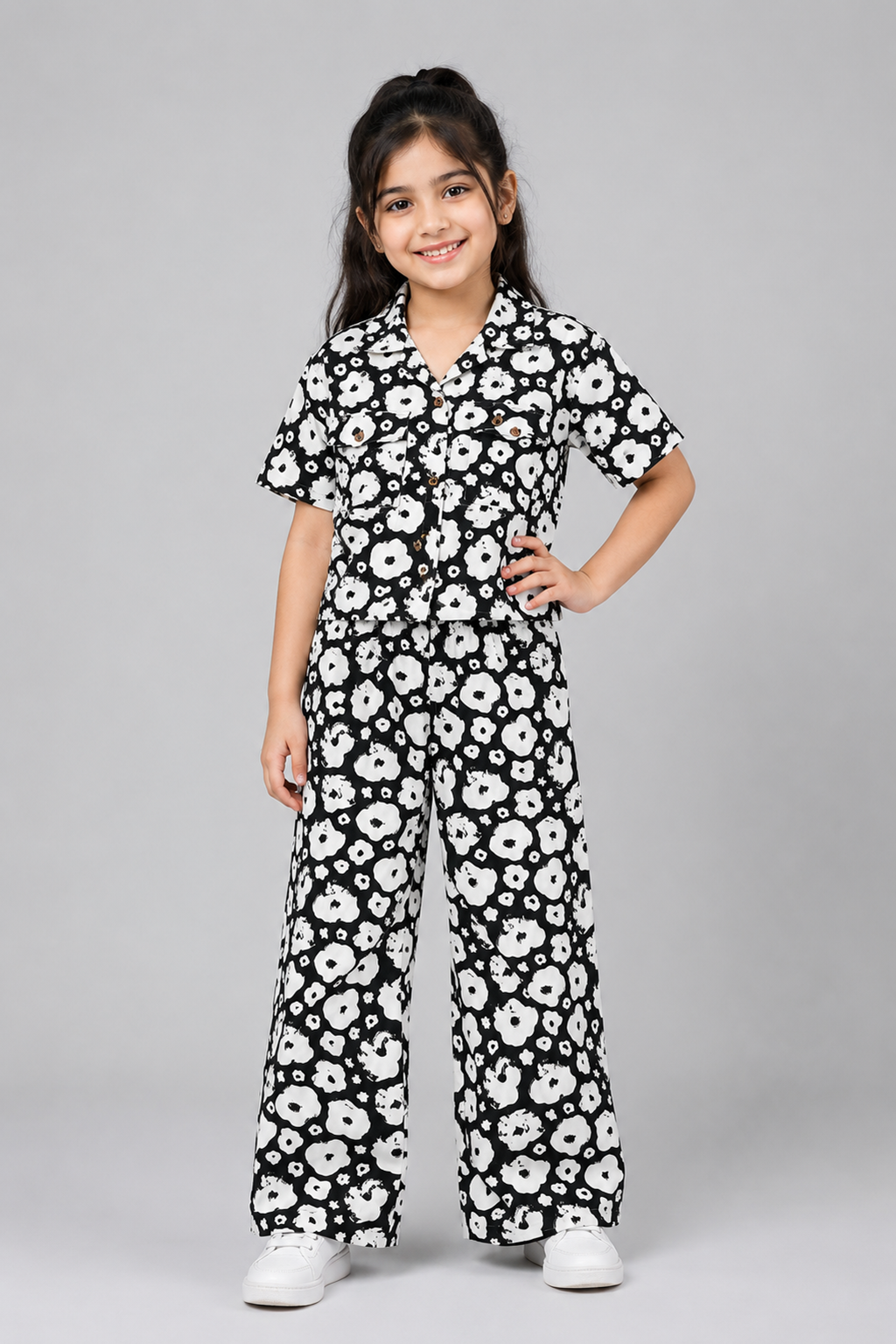 White Flowers Print Linen Fabric Suit For Girls Main image