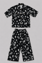 Black Flowers Print Linen Fabric Suit For Girls