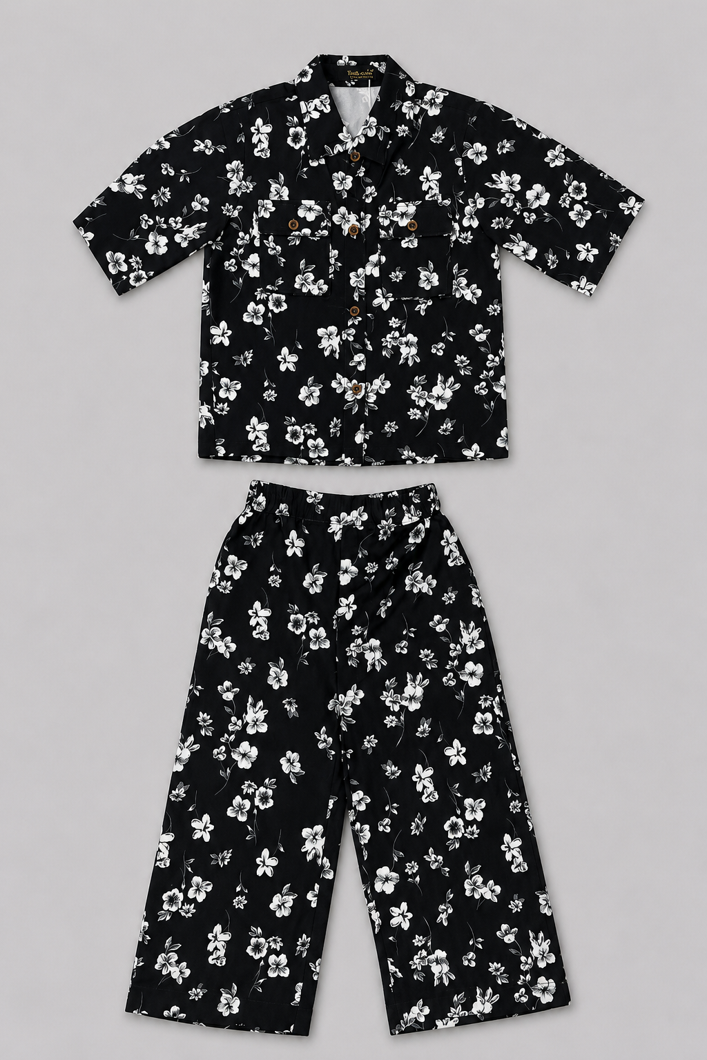 Black Flowers Print Linen Fabric Suit For Girls