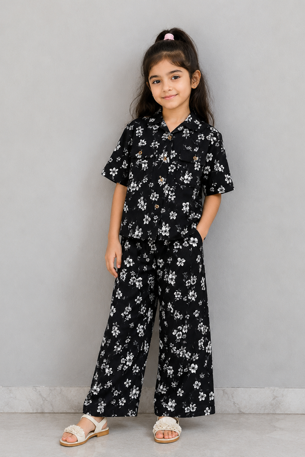 Black Flowers Print Linen Fabric Suit For Girls
