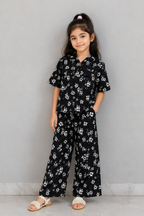 Black Flowers Print Linen Fabric Suit For Girls
