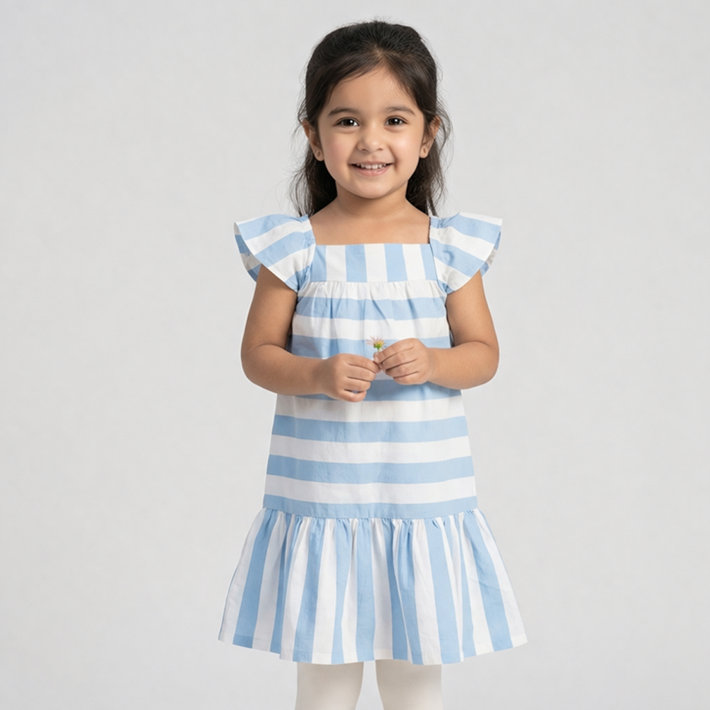 White With Blue Stripes Frock For Girls