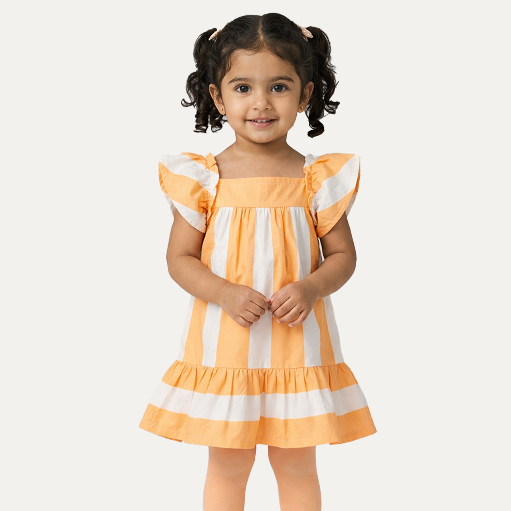 White With Orange Stripes Frock For Girls