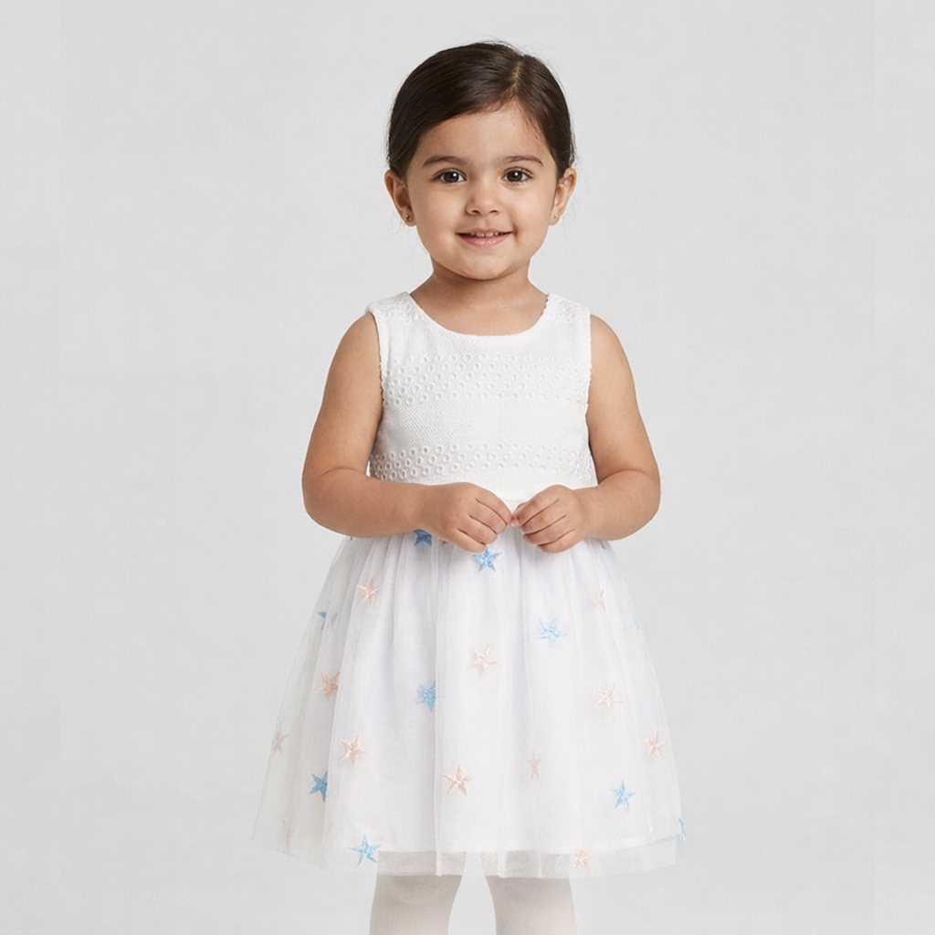 White With Pink Stars Frock For Girls ( Minor Defection )