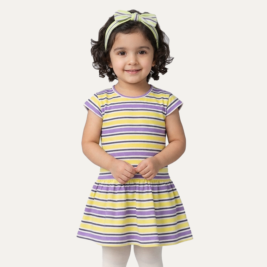 Yellow & Purple Stripes With Hair Band Frock For Girls