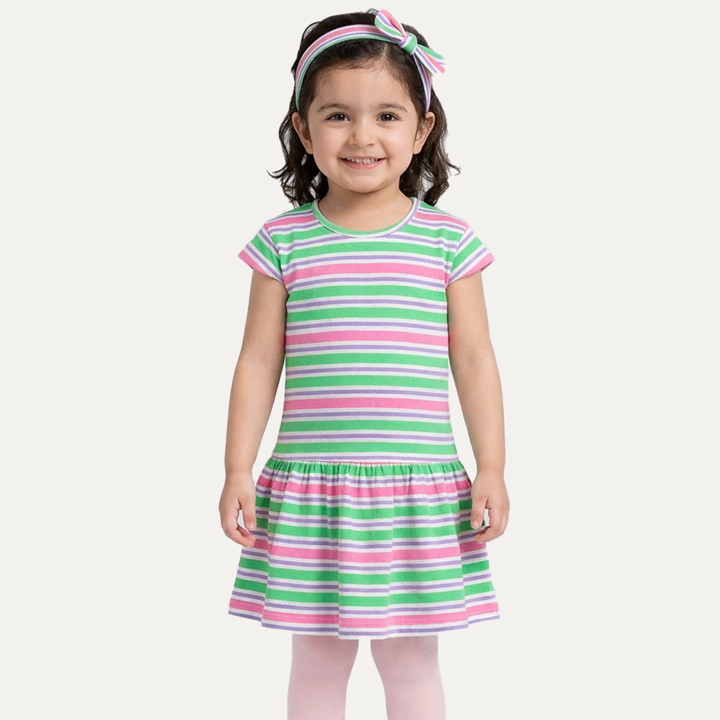 Pink & Green Stripes With Hair Band Frock For Girls Main image