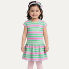 Pink & Green Stripes With Hair Band Frock For Girls