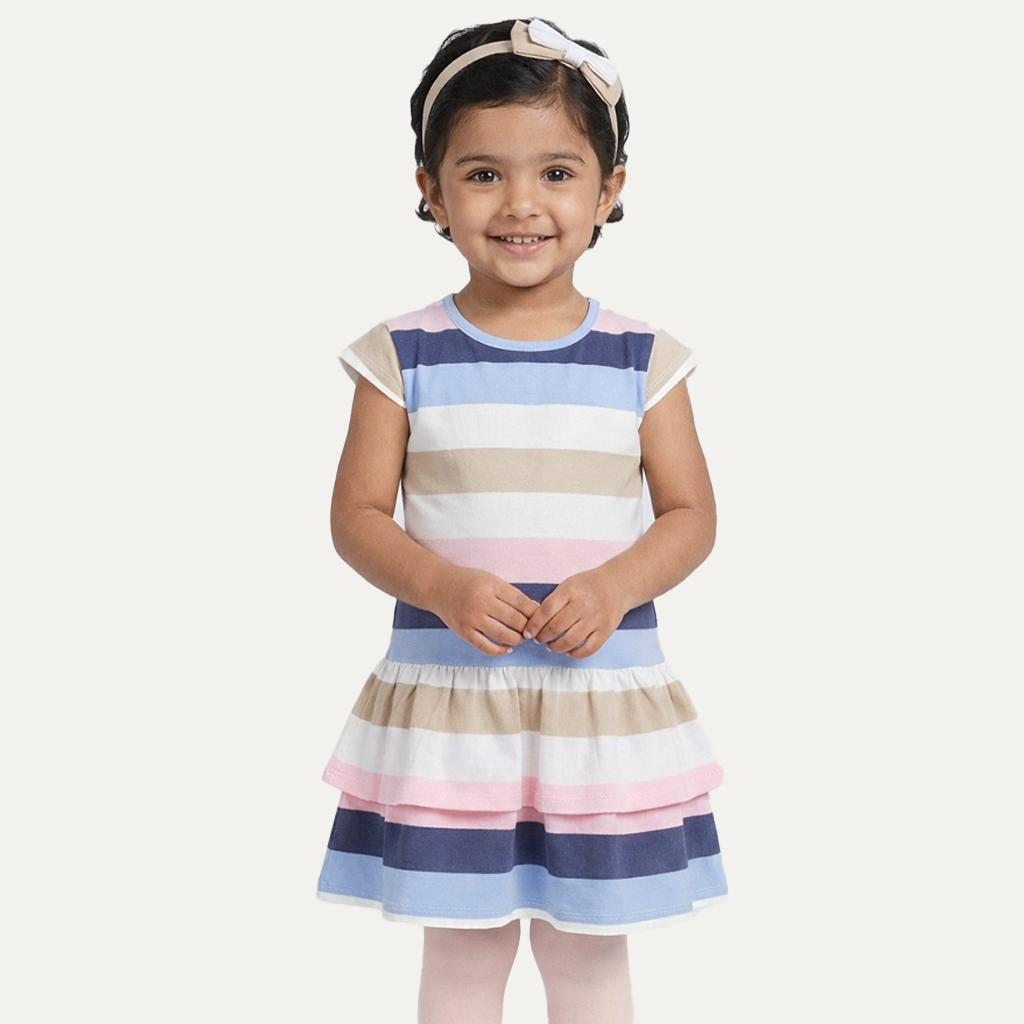 Pink & Grey Stripes With Hair Band Frock For Girls