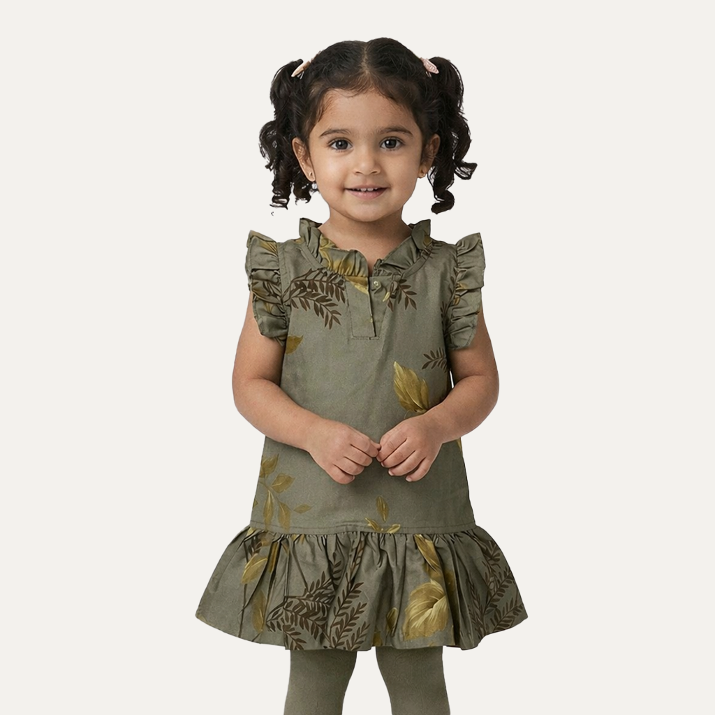 Green Leaves Print Frock For Girls