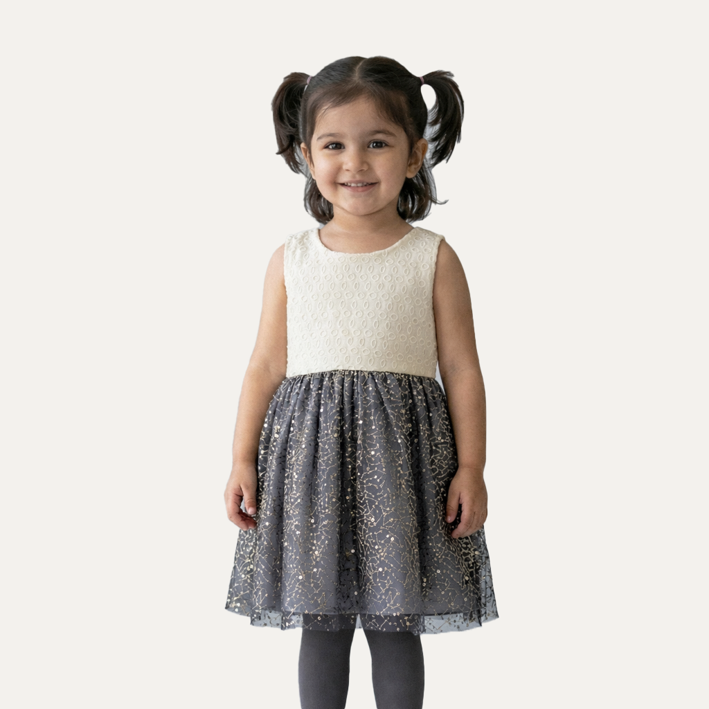 White With Blue Stars Frock For Girls ( Minor Defection )