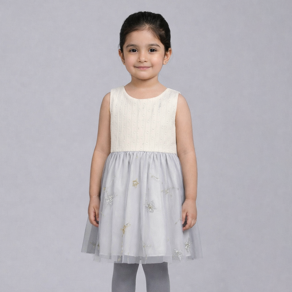 White With Golden Stars Frock For Girls ( Minor Defection )