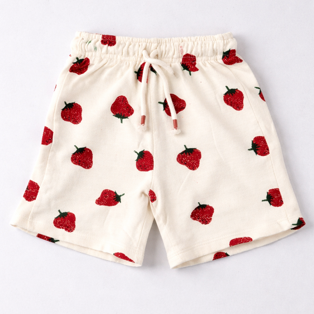 Cream Strawberry Print Shorts For Girls