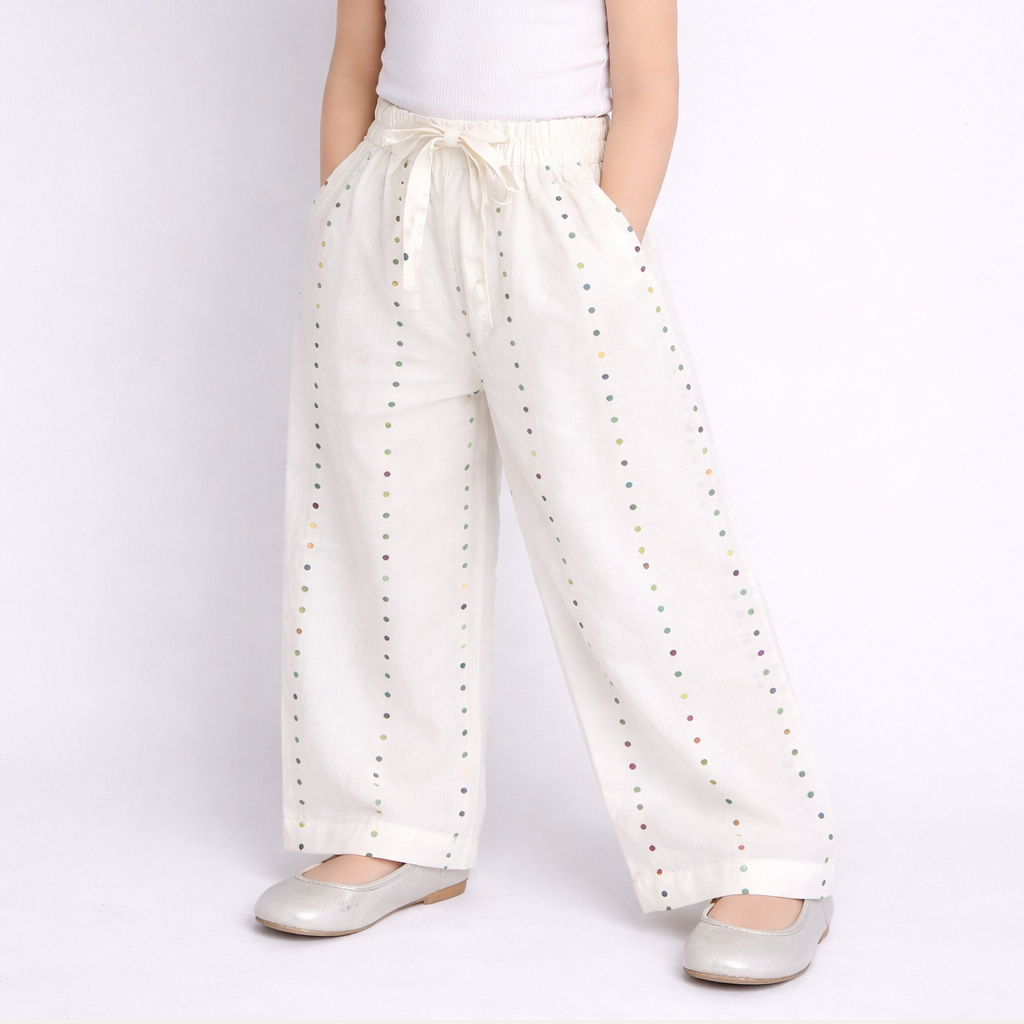 White Polka Dots Print Plazo Pockets Pajama For Girls