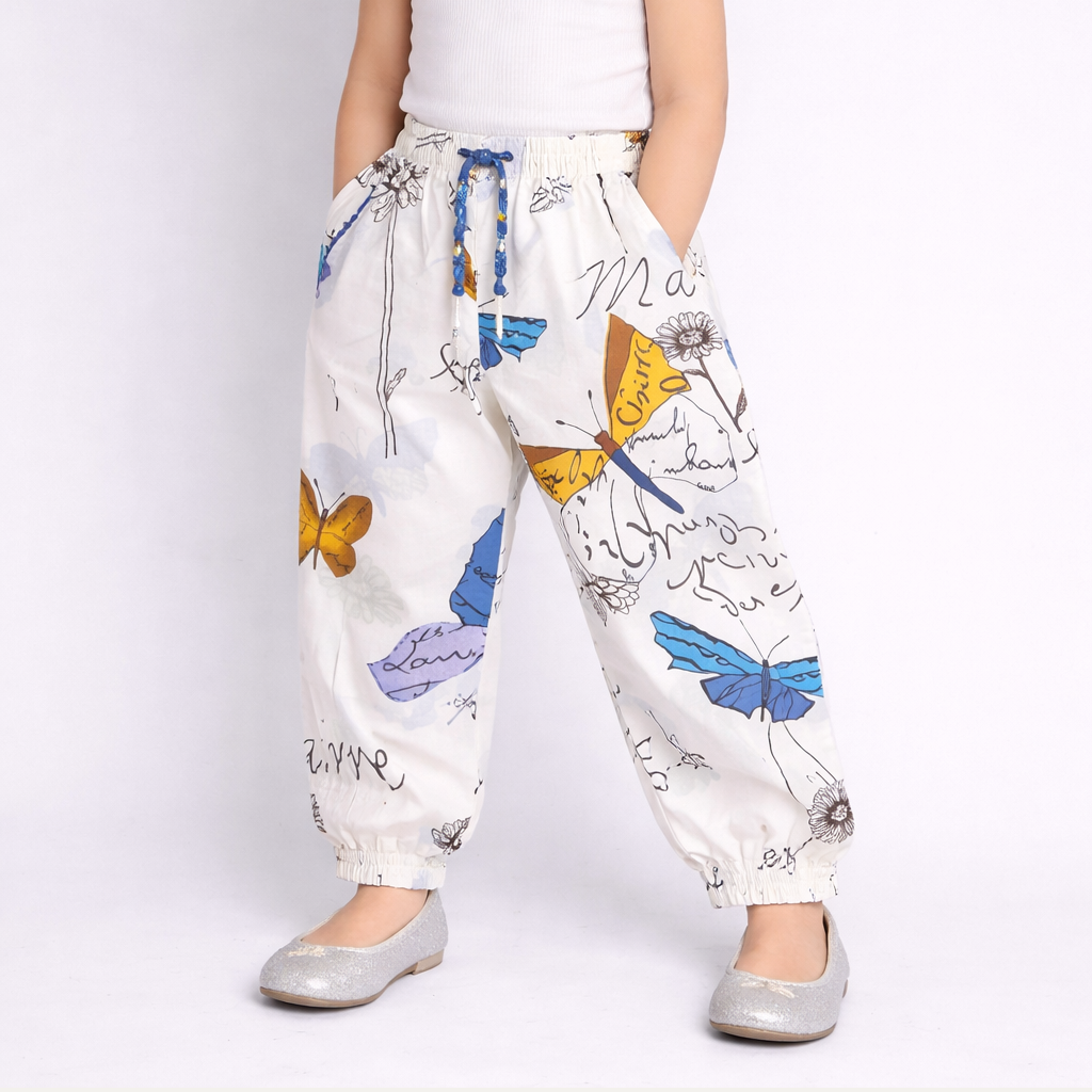 WHITE WITH BIG BUTTERFLIES PRINTED FRIL POCKETS PAJAMA FOR GIRLS