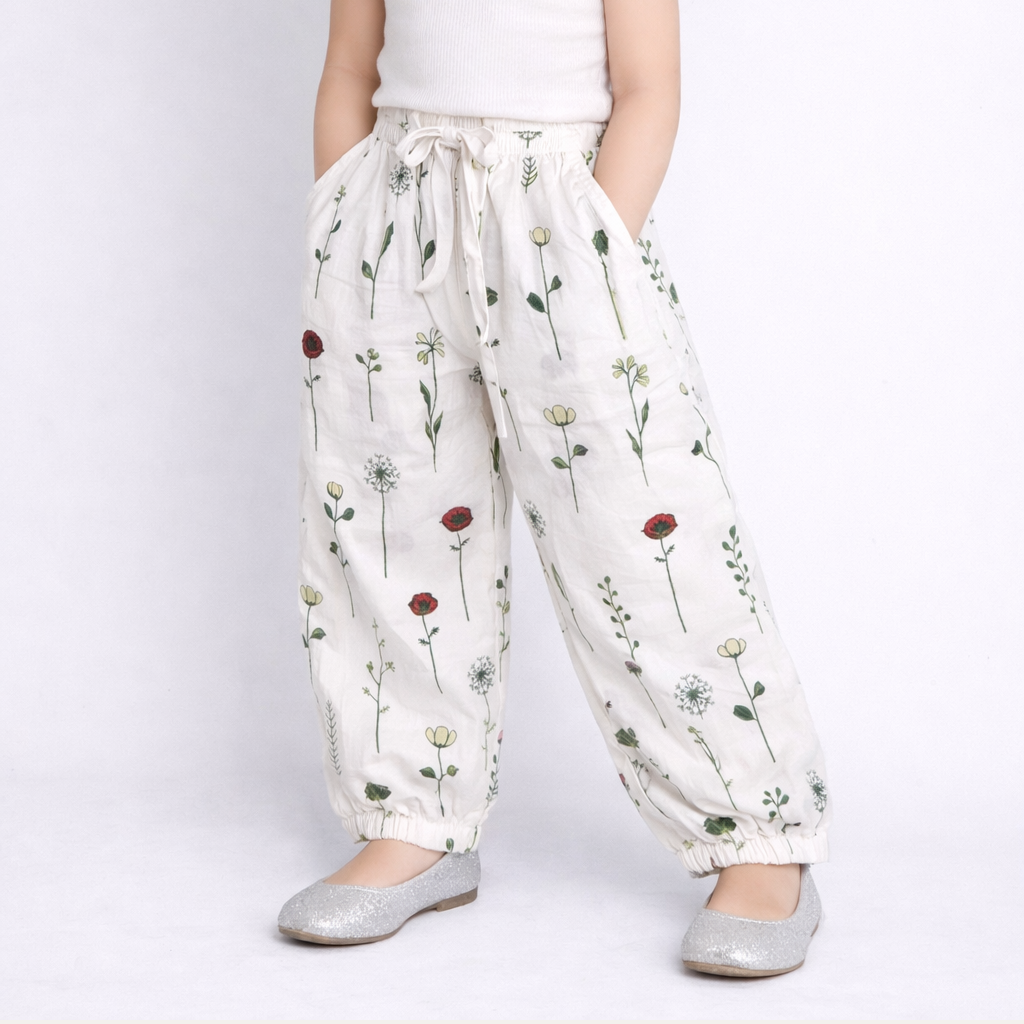White Flowers Print Plazo Pockets Pajama For Girls
