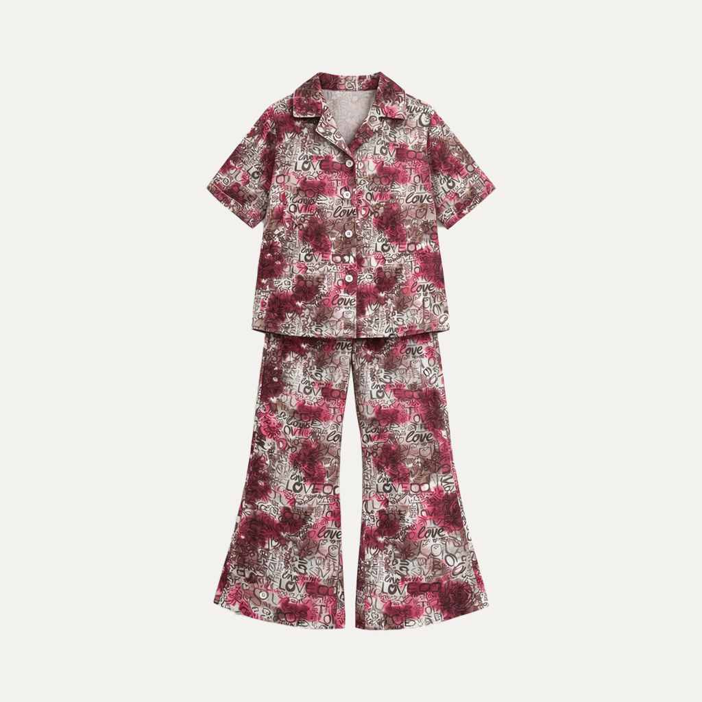 Purple Love Print Co-ord Linen Fabric Suit For Girls Secondary image