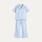 Blue Flowers Print Co-ord Linen Fabric Suit For Girls