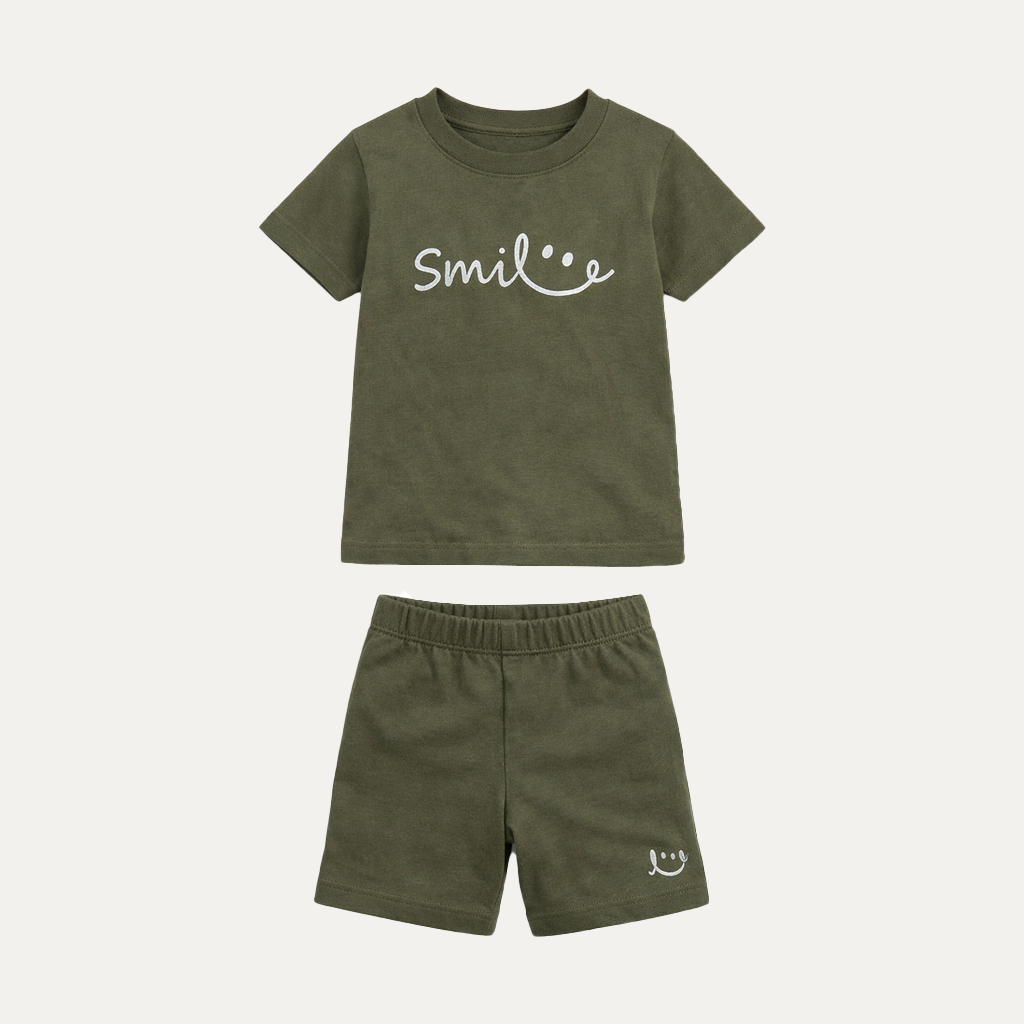 Green Smile Print Ribbed Linen Fabric Suit For Summers Secondary image