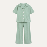 Turquoise Plain Ribbed Linen Fabric Suit For Girls