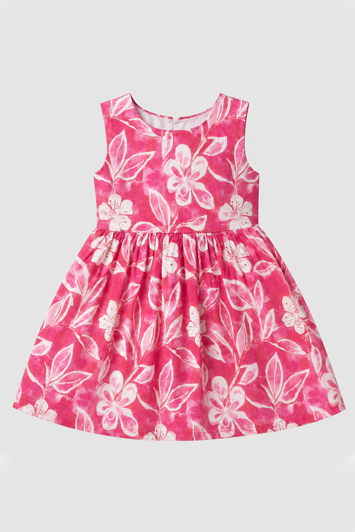 Pink Flowers Print With Hair Band Frock For Girls