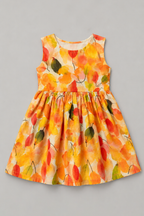 Yellow Leaf Print With Hair Band Frock For Girls