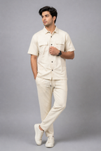 Cream Jersy Fabric Double Pocket Trouser & Shirt Suit For Men