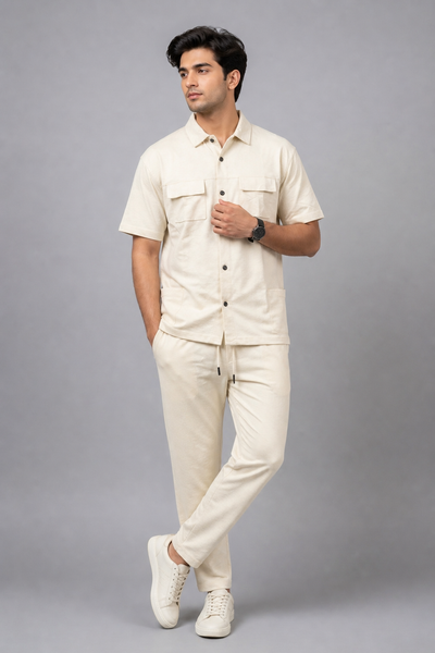 Cream Jersy Fabric Double Pocket Trouser & Shirt Suit For Men