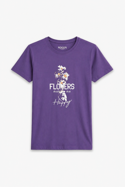 Purple Flowers Print T-Shirt For Women