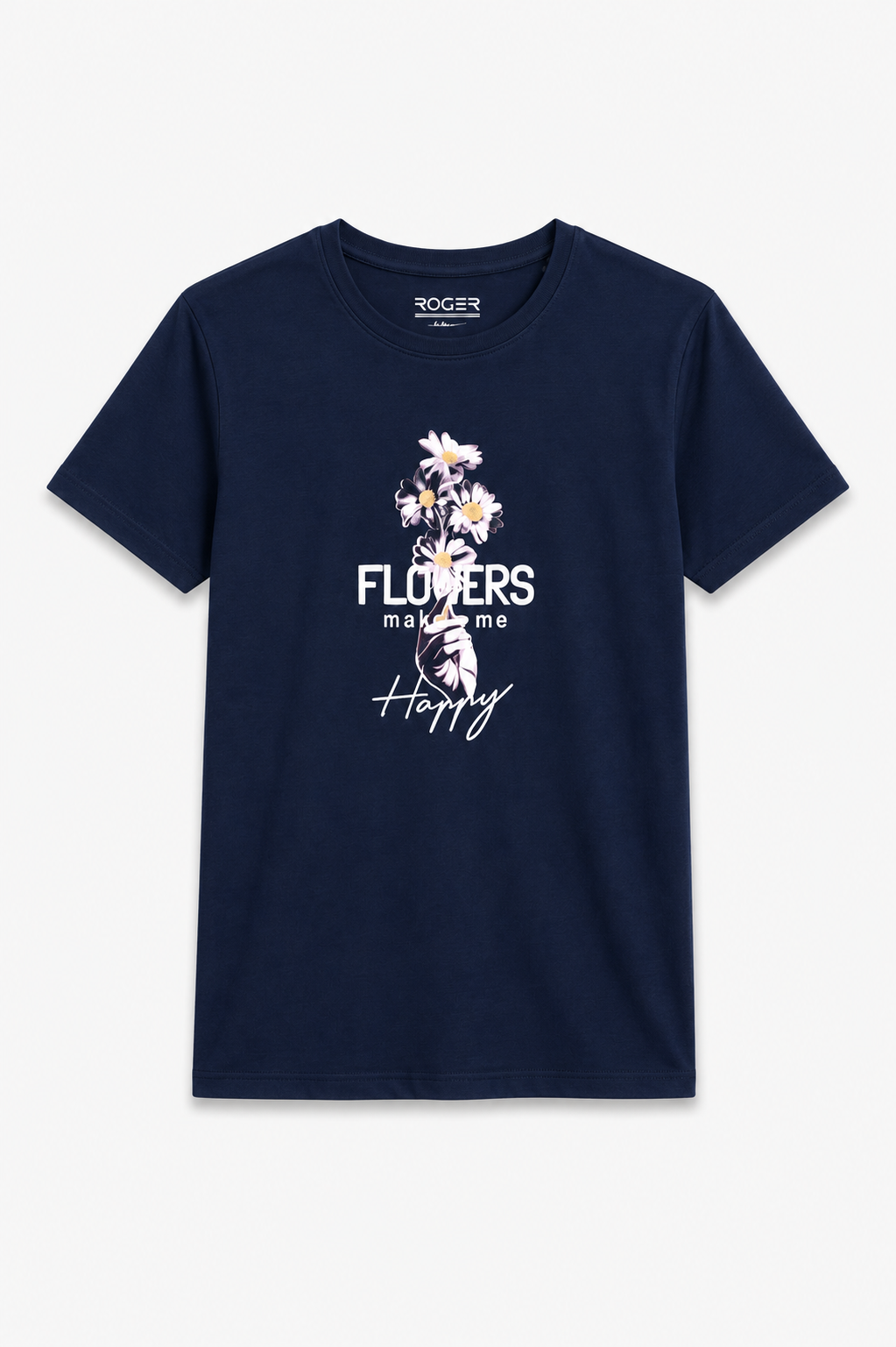 Navy Blue Flowers Print T-Shirt For Women