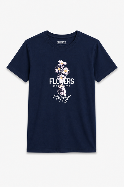 Navy Blue Flowers Print T-Shirt For Women