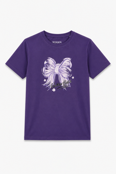 Purple Bow Butterflies Print T-Shirt For Women