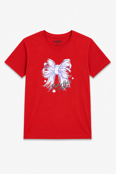 Red Bow Butterflies Print T-Shirt For Women