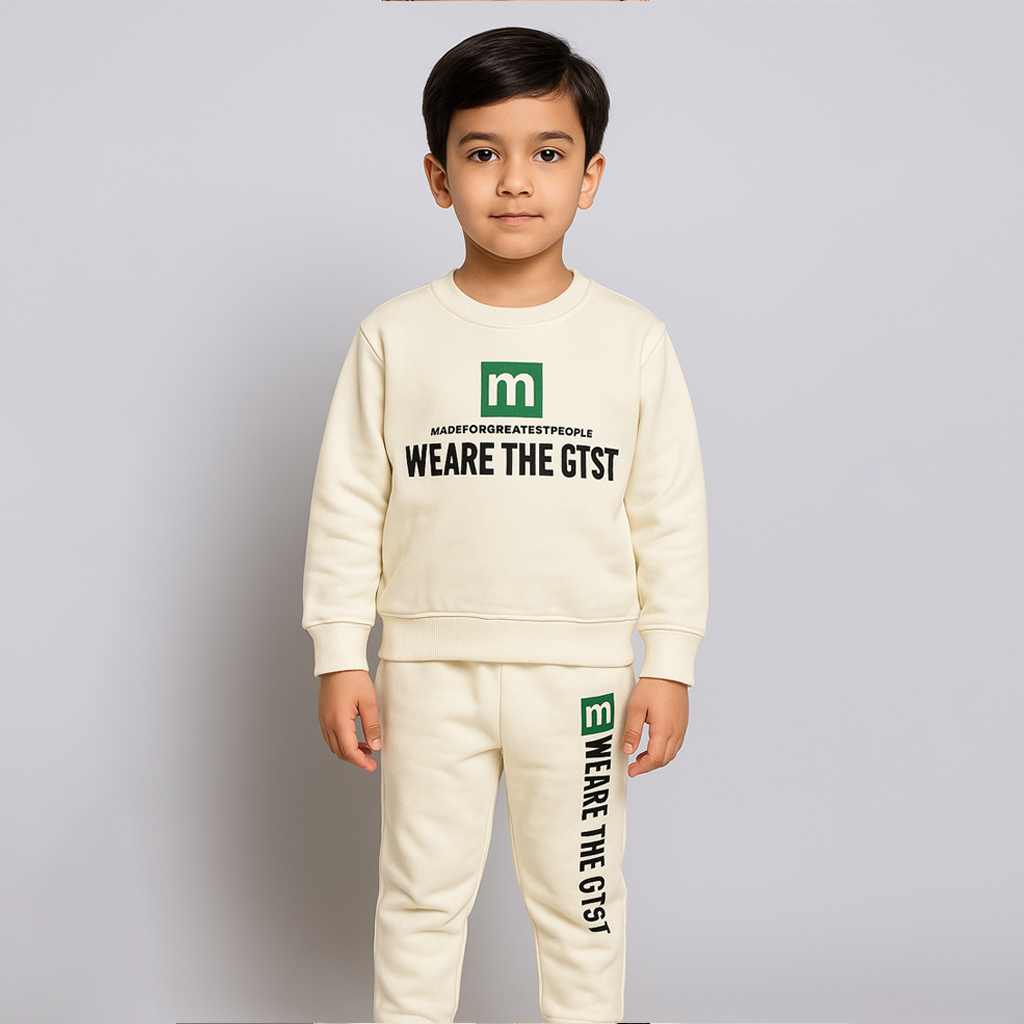 Cream "M" Print Fleece Fabric Suit For Winters