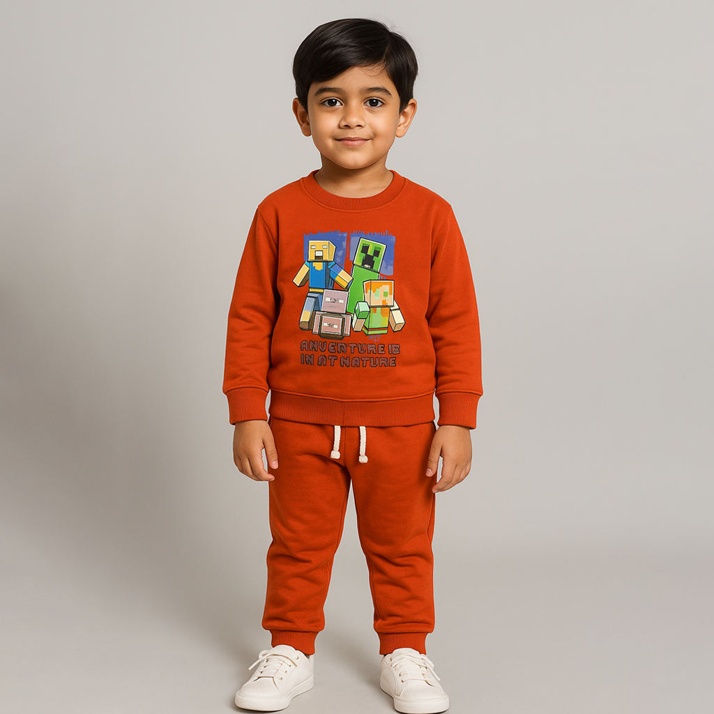Brown Minecraft Print Fleece Fabric Suit For Winters Secondary image