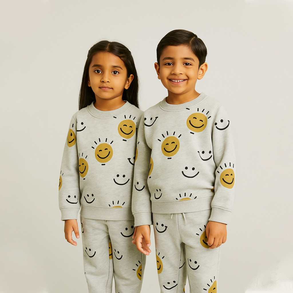 Light Grey Smile Print Terry Fabric Suit For Winters Main image
