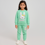 Sea Green Rabbit Smile Print Terry Fabric Suit For Winters