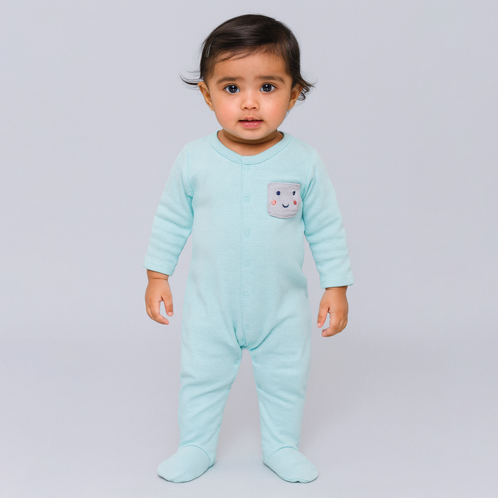 SKY BLUE SMILY FACE EMBROIDERED BOTH SIDES FULL BODY FULL SLEEVES ROMPERS Main image