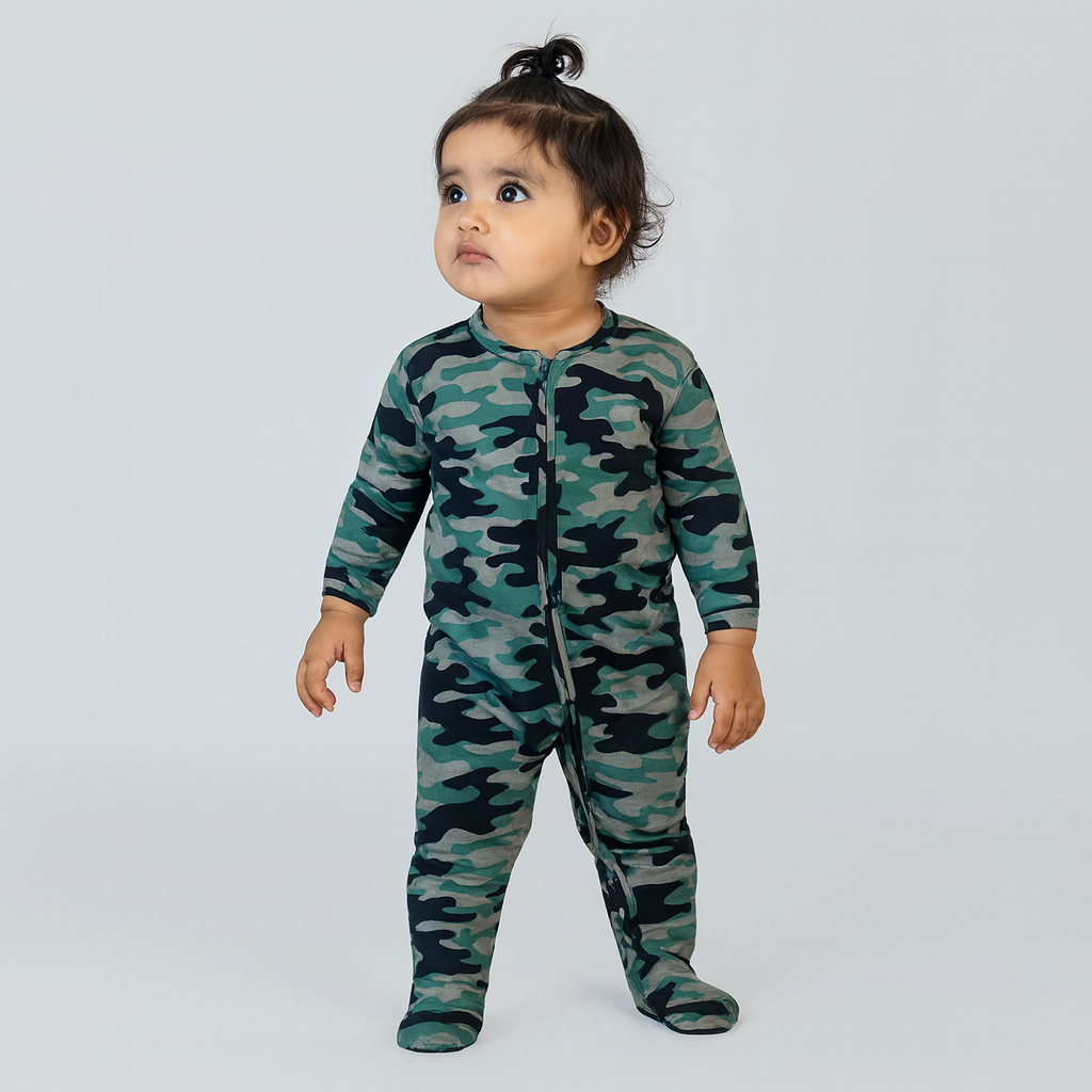 GREEN CAMOUFLAGE PRINT COTTON JERSY FABRIC FULL BODY FULL SLEEVES ROMPER Main image